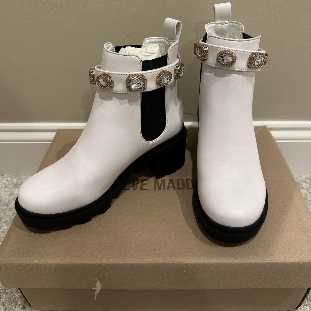 Steve Madden White Platform Ankle Boots with Jeweled Strap